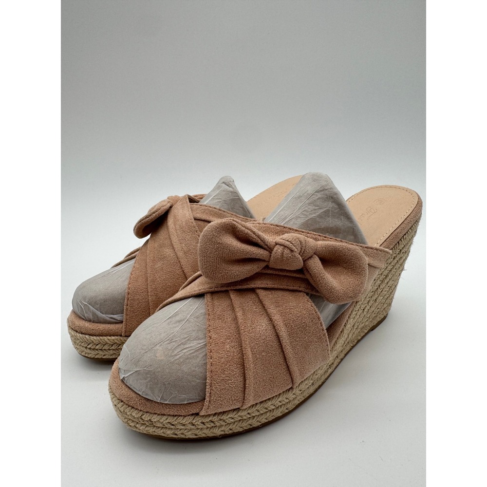Womens Wedge Sandals Size 7.5 Tan Bow Platform Espadrille Slip On Summer